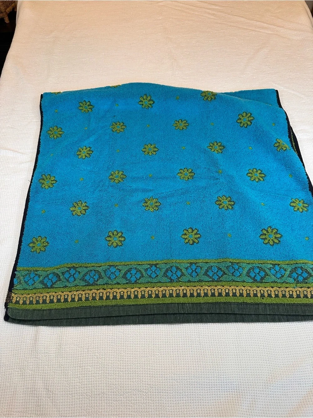 Vintage Callaway 3 pc bath towel hand towel set 60’s 70’s MCM blue green gold